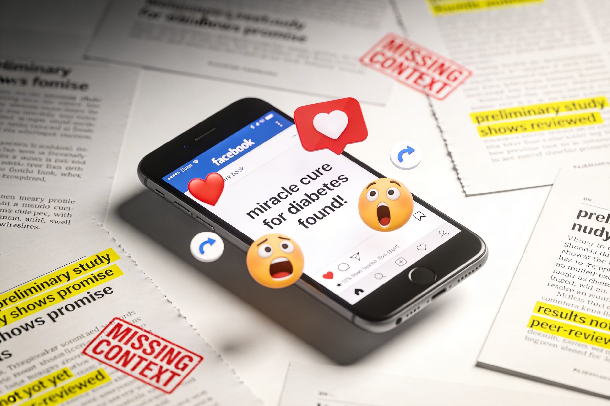 Smartphone showing Facebook post with sensationalist health claim surrounded by scientific papers with MISSING CONTEXT stamps