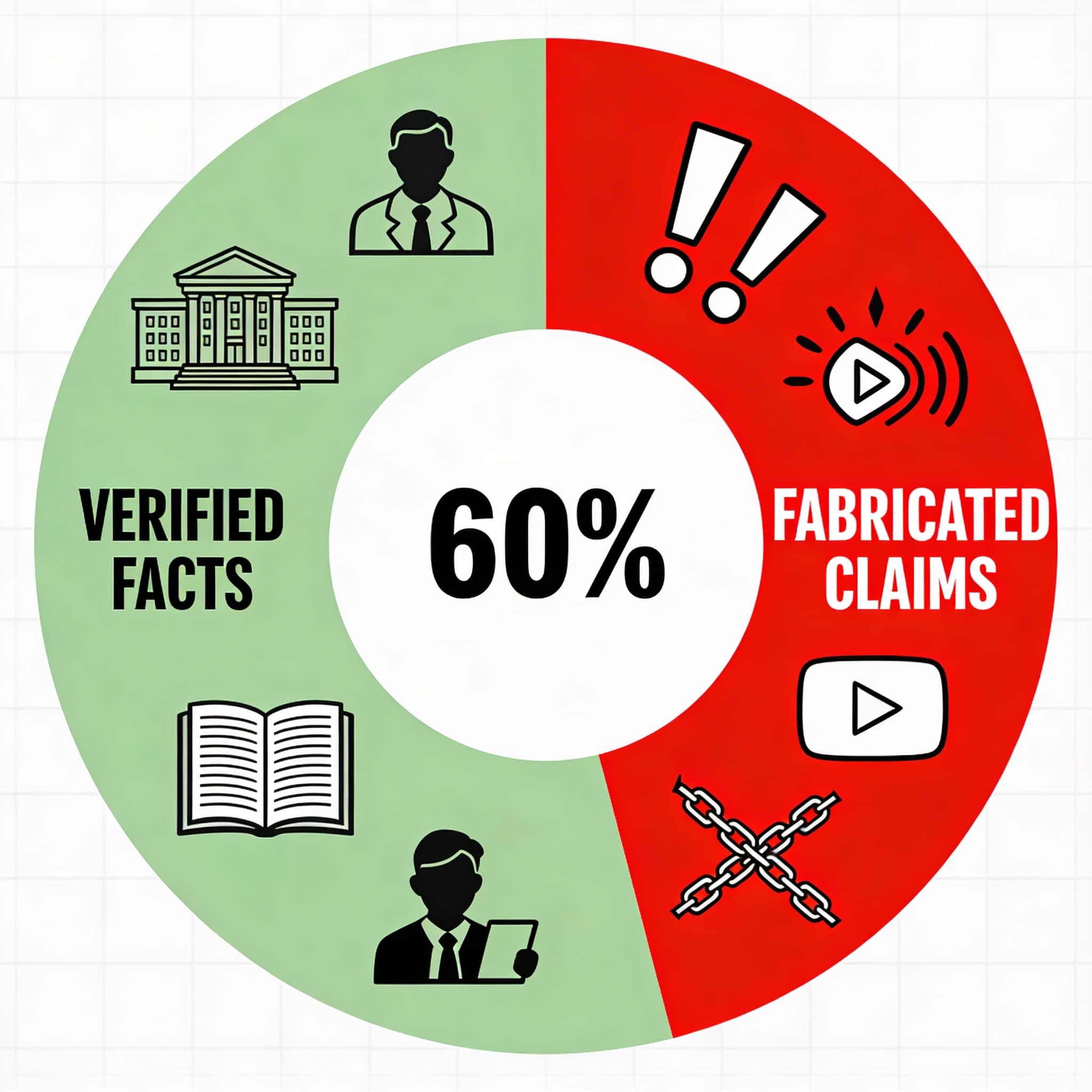 Minimalist infographic showing 60% verified facts in green and 40% fabricated claims in red