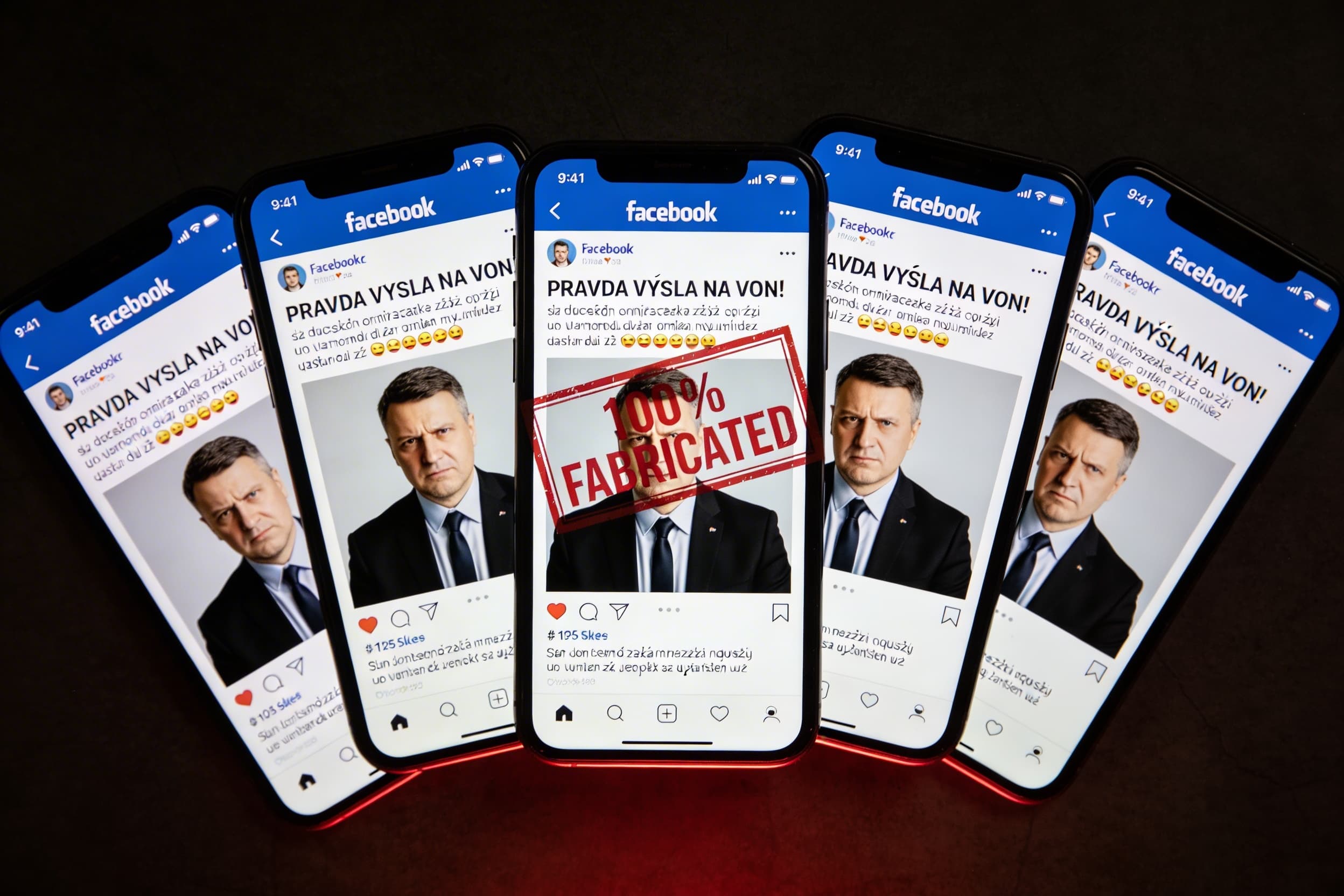 Multiple smartphone screens displaying identical Facebook posts — coordinated disinformation campaign visualization