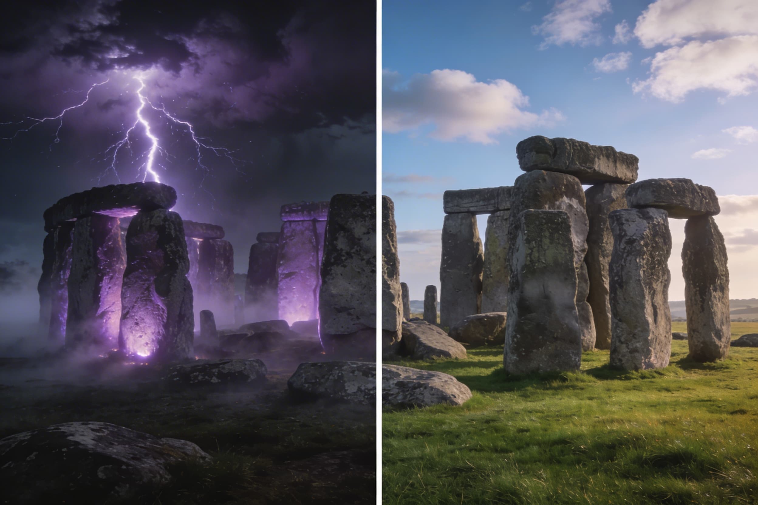 Stonehenge split comparison — dramatic YouTube portrayal vs calm documentary reality