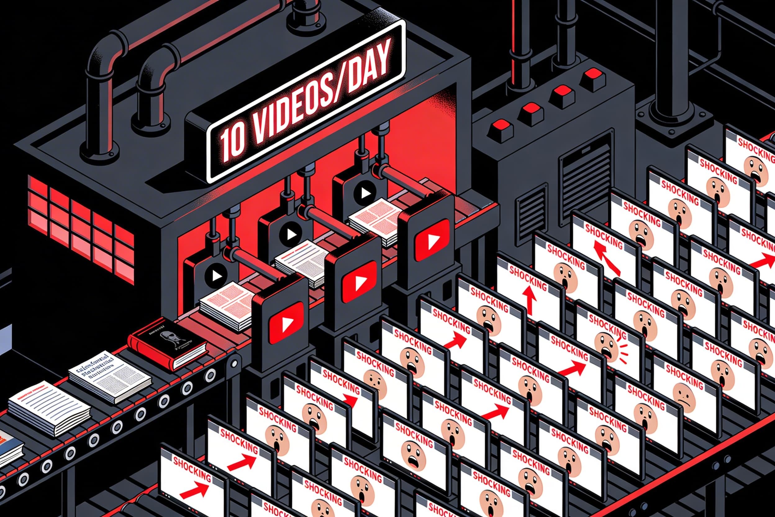 Isometric factory illustration — scientific papers enter on conveyor belt, identical sensationalist video thumbnails come out